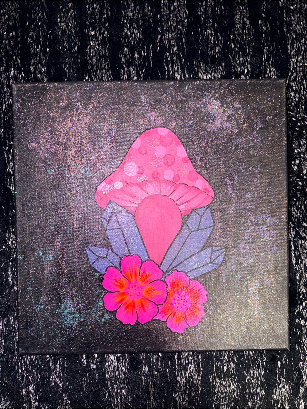 Hand-Painted Pink Mushroom & Flowers Canvas Art